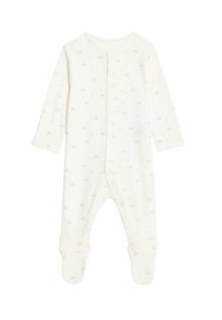 Weißer Baumwoll-Overall mit einem kleinen, sich wiederholenden Pfirsichmuster. Lange Ärmel, Fußdesign und ein Druckknopfverschluss vorne.