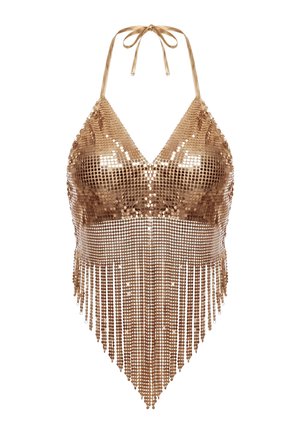 Top oro con paillettes, collo halter con coppe triangolari e dettagli di lunghe frange che si estendono fino all’orlo appuntito, legato al collo con sottili spalline.