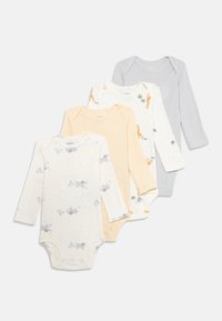Fire lange ermer baby bodyer i lyse farger: en med dyretrykk, en stripete i gul, en prikkete i kremfarge, og en ensfarget grå.