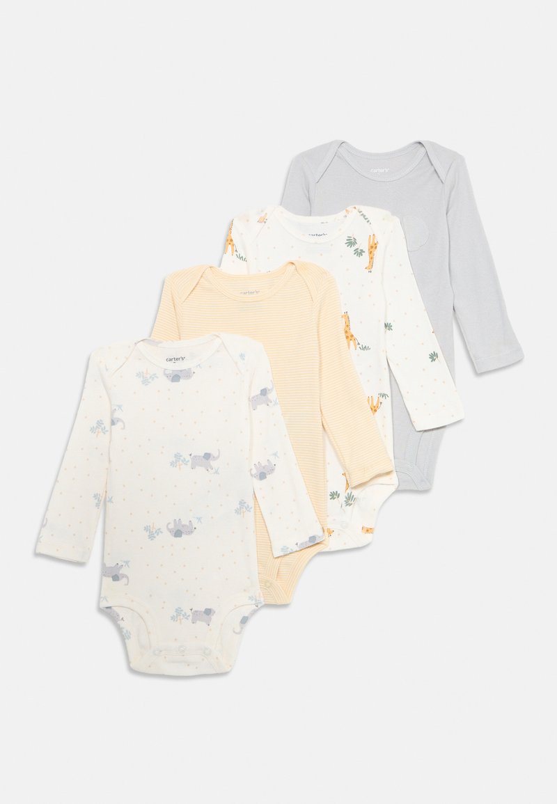 Four long-sleeve baby bodysuits in light colors: one with animal prints, one striped yellow, one dotted cream, and one solid gray.