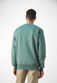 Man sedd bakifrån iklädd en teal-färgad sweatshirt och beige byxor med en sidficka, framför en helt vit bakgrund.