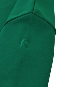 Zielona bluza z miękkiej tkaniny o gładkiej teksturze. Wyszywane logo "R" w kolorze tonowym na lewym rękawie.