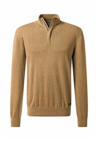 Khaki pullover sweater met lange mouwen, halve rits kraag, geribde zoom en manchetten, zachte textuur en minimalistisch ontwerp.
