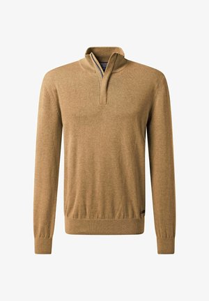 Khakifarbenes Pullover-Sweatshirt mit langen Ärmeln, halblangem Reißverschlusskragen, geripptem Saum und Bündchen, weicher Textur und minimalistischen Design.