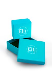 Scatola regalo di cartone turchese con interno verde, con un logo bianco che recita "Elli by Julie & Grace." Aperta con il coperchio accanto.