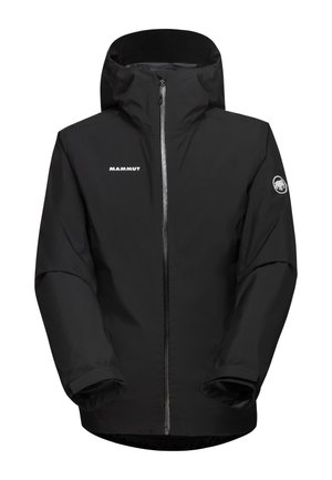 Svart vattentät jacka med hög krage, framdragkedja och logotyp på vänster bröst och ärm. Har vida ärmar och slitstarkt tyg.