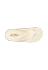 White flip-flop with a textured surface, featuring a thong design and soft straps. Logo "relaks" embossed on the footbed.