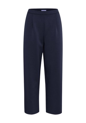 Navy blue tailored pants with a smooth texture, featuring front pleats and a wide waistband. Designed for a straight fit with ankle-length hem.