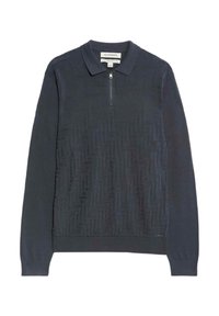 Donkergrijs langarmige polo-trui met een getextureerd zigzagpatroon en een korte rits aan de voorkant.