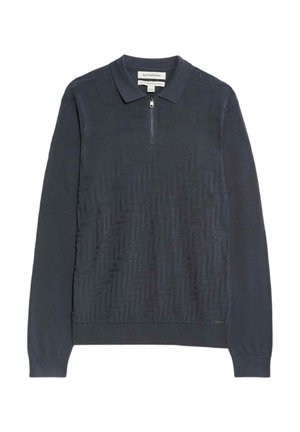 Polo en tricot à manches longues gris foncé avec un motif zigzag texturé et une fermeture éclair courte à l'avant.