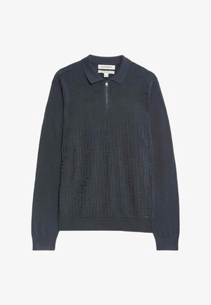 Polo en tricot à manches longues gris foncé avec un motif zigzag texturé et une fermeture éclair courte à l'avant.