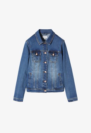 Dunkelblaue Denimjacke mit Kragen, zwei Brusttaschen und vorderem Druckknopfverschluss. Der Stoff hat eine leichte Ausbleichung mit kupferfarbenen Details.