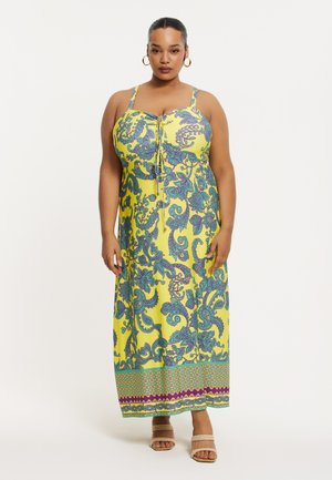 Robes maxi jaune avec un motif paisley teal et violet. Comprend des bretelles réglables et un devant froncé. Tissu doux et léger.
