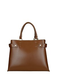 Hnědá syntetická taška přes rameno s hladkým povrchem, dvěma krátkými uchy a kontrastním prošíváním. Má jednoduchý, nezdobený design.