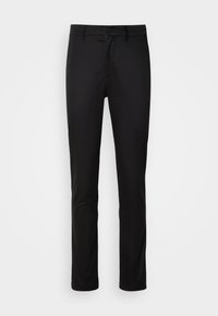Pantalon noir droit avec passants de ceinture, bouton au devant et fermeture éclair, présenté sur un fond blanc.