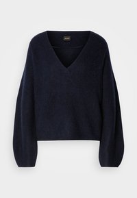 Navyblauw sweater gemaakt van zacht materiaal, met een V-hals en lange, iets geplooide mouwen. Gepersonaliseerd ontwerp met een relaxte pasvorm.