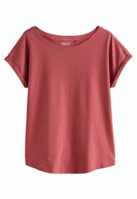 Kortärmad t-shirt med rundad hals i en mjuk rostfärgad nyans, tillverkad av lättviktig tyg med en loose fit, som har uppvikta ärmar och en rak nederkant.