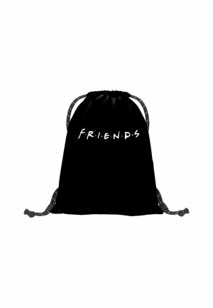 Borsa a sacco nera con coulisse che presenta la parola "FRIENDS" in lettere colorate e giocose. Tessuto liscio con parte superiore arricciata e cordini testurizzati.