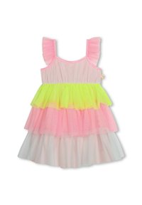 Abito a strati con tulle rosa, giallo brillante e bianco. Presenta spalline sottili e maniche ruffle. Tessuto trasparente con una consistenza morbida.