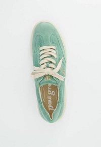 Sneaker in suede verde con punta arrotondata, lacci crema e dettagli con logo dorato. Suola in gomma con una finitura testurizzata.