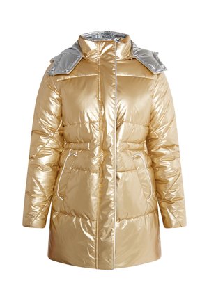 Metallisk gylden pufferjakke med en sølvkrave, med lynlås foran, sidelommer og quiltet design. Glat tekstur med kontrasterende kanter.