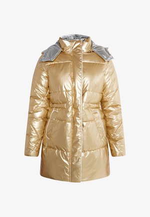 Metallisk gylden pufferjakke med en sølvkrave, med lynlås foran, sidelommer og quiltet design. Glat tekstur med kontrasterende kanter.