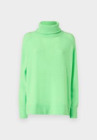Mintgrønn genser med høy hals laget av mykt, lett materiale. Den har lange ermer og en litt løs passform, med ribbestrikket trim ved mansjettene og kragen.