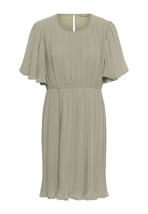 Light khaki short dress with pleated fabric, flutter sleeves, cinched waist, and round neckline with a back button closure.