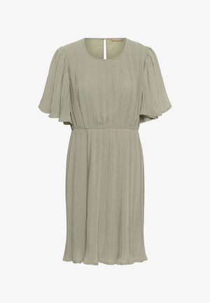 Light khaki short dress with pleated fabric, flutter sleeves, cinched waist, and round neckline with a back button closure.