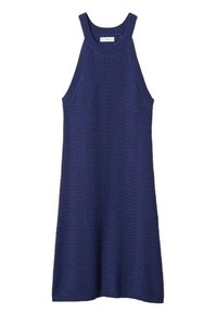 Mörkblå stickad klänning med ett strukturerat vågmönster, med ärmlös design och hög halsringning, faller löst ner till fållen.