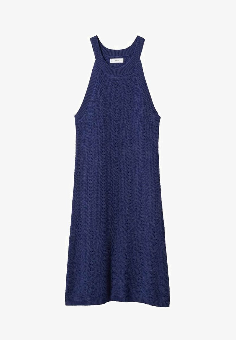 Abito lavorato a maglia blu navy con un motivo a onda testurizzato, dotato di un design senza maniche e scollatura alta, che cade morbido fino all'orlo.