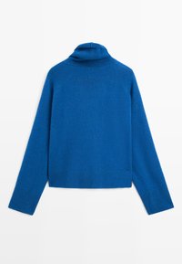 Blue long-sleeve knitted sweater with turtleneck collar, ribbed cuffs, and hem, shown flat from the back on a white background.