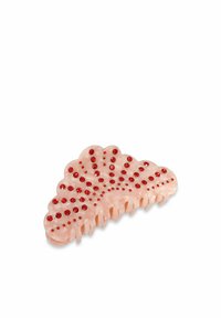 Clip per capelli rosa a forma di ventaglio, decorato con pietre preziose rosse e dorate, dotato di denti intrecciati per fissare i capelli.