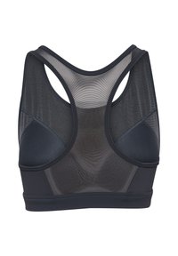 Zwarte sportbh met een mesh rug, naadloos ontwerp, brede bandjes en contrasterende matte en textuurstof.