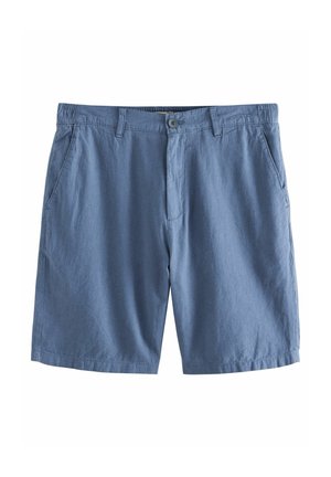 Helle blaue Shorts aus gewebtem Stoff. Mit Knopfverschluss und zwei Seitentaschen. Gerader Schnitt mit einer einfachen, glatten Textur.