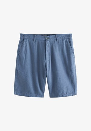 Heledad sinine lühikesed püksid, mis on valmistatud kootud kangast. Omavad nupuga kinnitust ja kahte külge taskut. Sirge lõige, mis on lihtsa ja siledapinnaga.