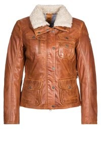 Bruine leren jas met een gestructureerde afwerking, een schapenvachtkraag en meerdere voorzakken met knoopsluitingen. Metalen accenten.