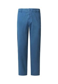 Pantalon en coton bleu à coupe droite, avec fermeture à boutons, passants pour ceinture et deux poches latérales. Texture lisse, longueur cheville.