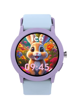 Reloj inteligente con un marco púrpura y correa azul que muestra un conejo de dibujos animados con ojos grandes entre flores coloridas, con la hora marcada a las 09:45.