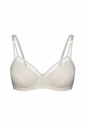 Beige Bügel-BH mit transparenten Mesh-Einsätzen, verstellbaren Doppel-Schulterträgern und glatten, geformten Cups.
