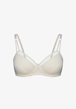 Beige Bügel-BH mit transparenten Mesh-Einsätzen, verstellbaren Doppel-Schulterträgern und glatten, geformten Cups.