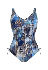 Uimavaate sinisellä ja eläinkuosilla, jossa on säädettävät olkaimet ja sivusiteet. Valmistettu pehmeästä kankaasta, sileä tekstuuri.