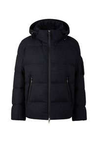 Ciemnoszara pikowana kurtka z izolowanymi panelami, wysokim kołnierzem, przednim zamkiem błyskawicznym i bocznymi kieszeniami. Teksturowana tkanina i kaptur.