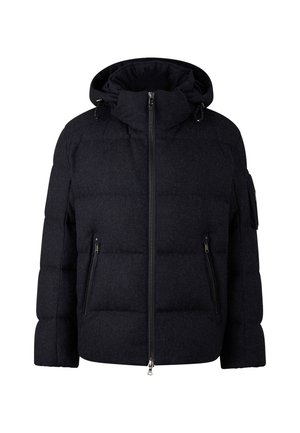 Ciemnoszara pikowana kurtka z izolowanymi panelami, wysokim kołnierzem, przednim zamkiem błyskawicznym i bocznymi kieszeniami. Teksturowana tkanina i kaptur.