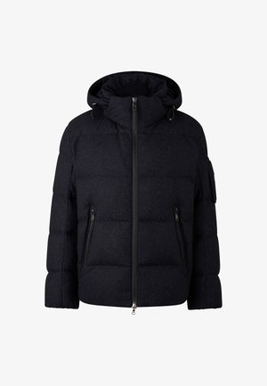 Dunkelgraue Steppjacke mit isolierten Einsätzen, hohem Kragen, Frontreißverschluss und Seitentaschen. Strukturierter Stoff und Kapuzen-Design.