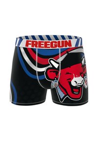 Boxers noirs avec un graphisme de vache en dessin animé rouge. Ceinture élastique rayée bleue et blanche avec le logo "FREEGUN". Design graphique éclatant.