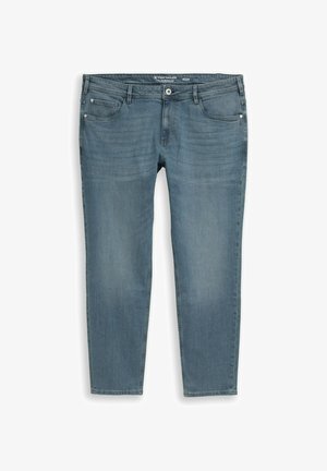 Kék farmernadrág elülső és hátsó zsebekkel, övbújtatókkal, gombos záródással, enyhén kifakult hatással a combokon és térdeken. Méret 40/34.