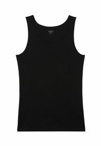 Schwarzes, geripptes Tank-Top mit klassischem, ärmellosem Design, rundem Ausschnitt und weichem Baumwollmaterial. Keine bemerkenswerten Muster oder Akzente.