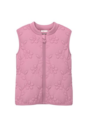 Mouwloos roze doorgestikt vest met ritssluiting aan de voorkant, bloemenpatroon in de stiknaden en een ronde kraag.