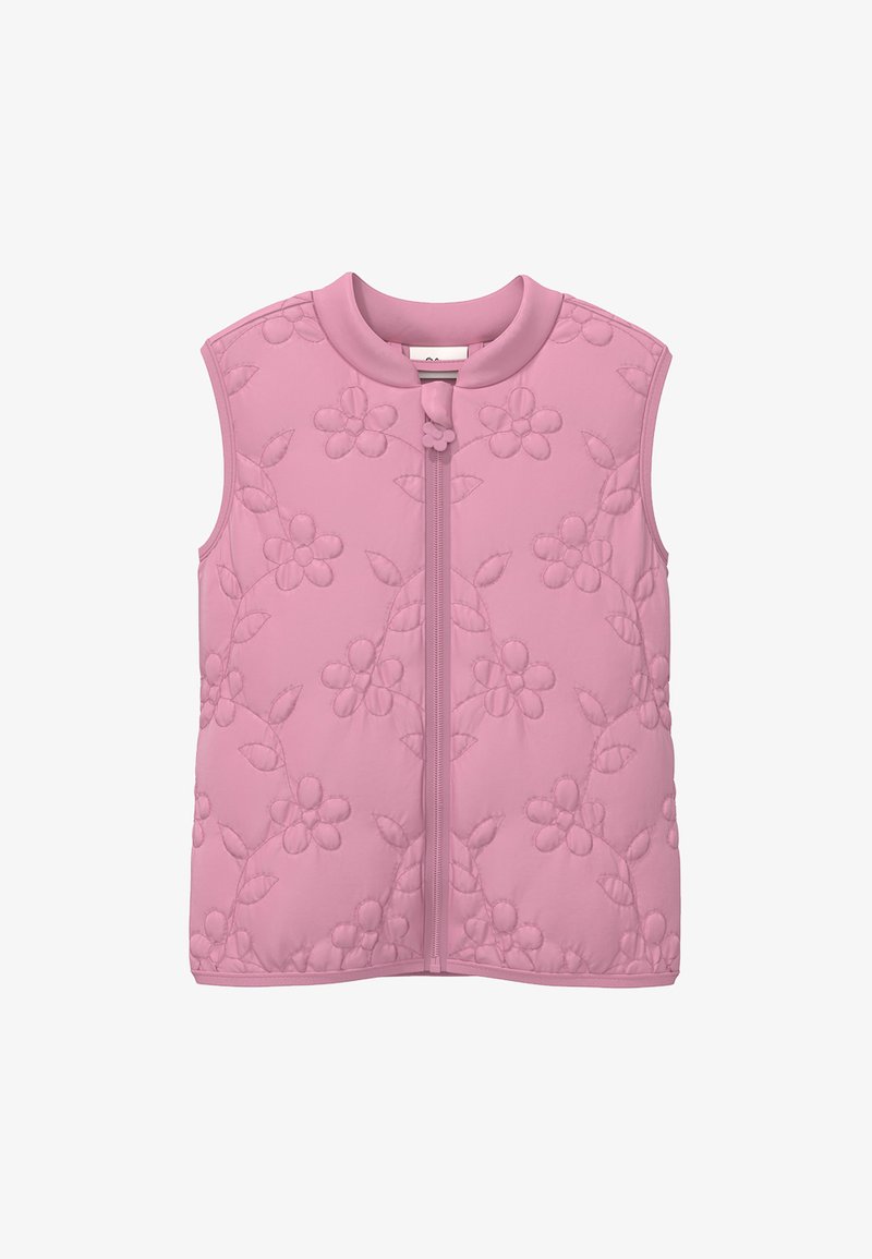Gilet trapuntato rosa senza maniche con zip frontale, motivo di cucitura floreale e colletto rotondo.